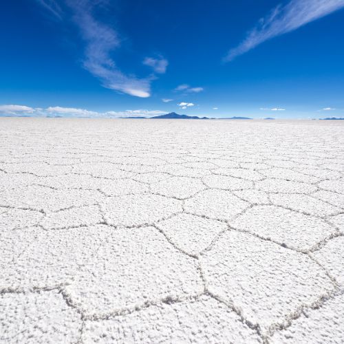O salar se apresenta como uma enorme planície branca, firme e seca.