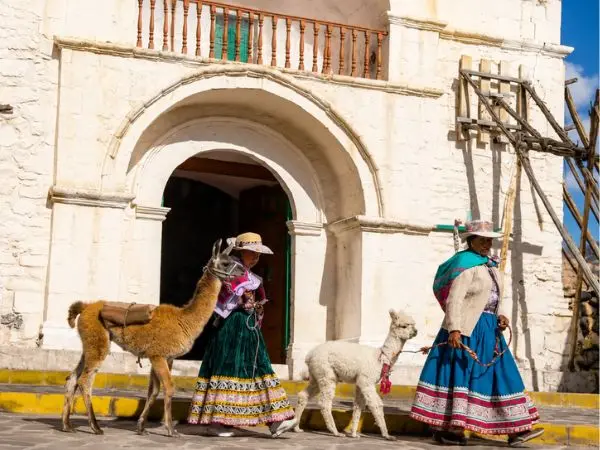 Local residents of Chivay wearing traditional Andean clothing in the Colca Valley