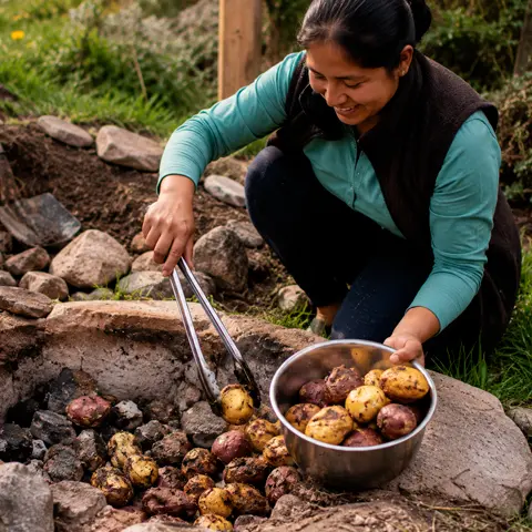 Pachamanca: The Andean Culinary Tradition of Cooking Underground 4 senora sacando papas del horno